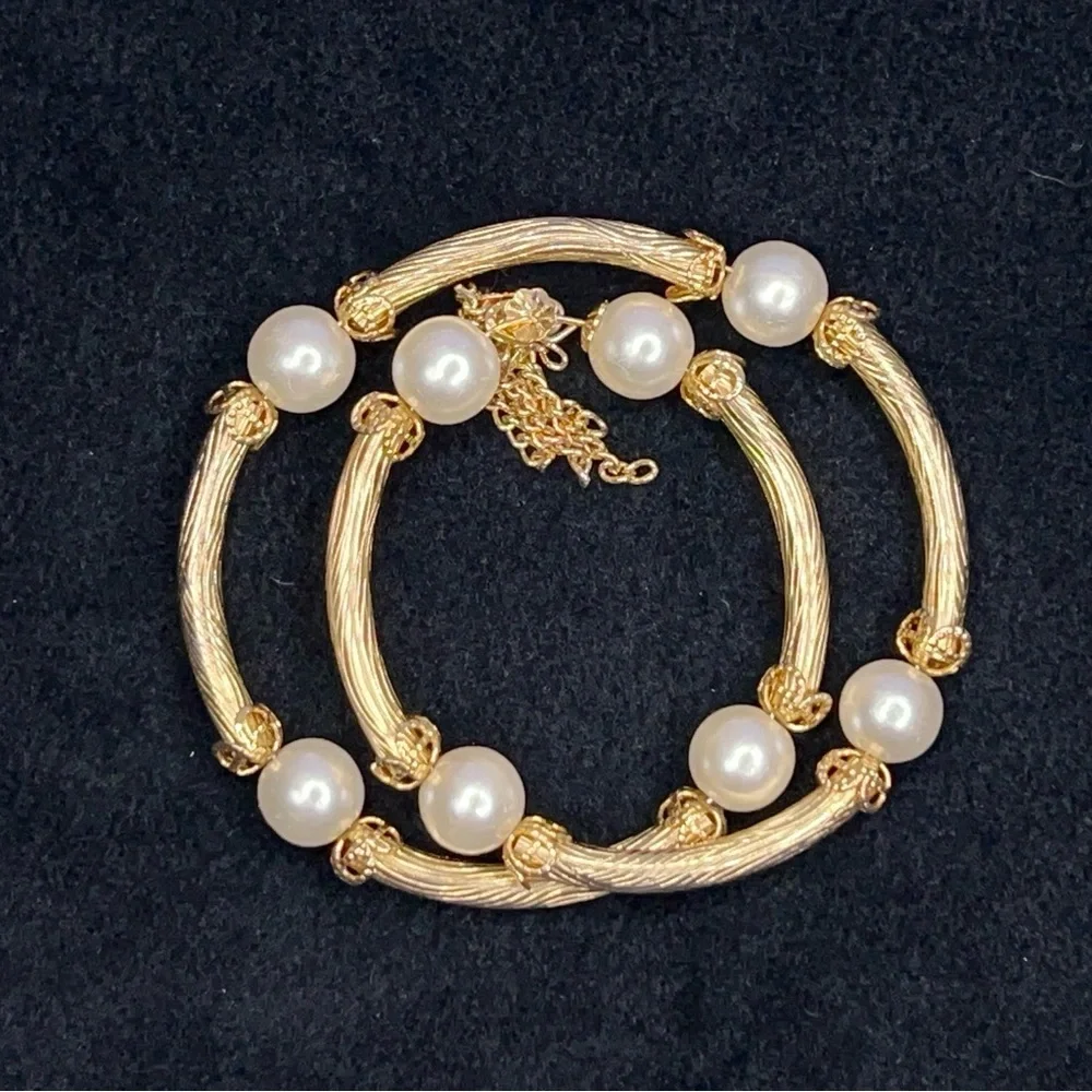 Vintage Gold Plated Wrap Memory Bracelet Tassels Faux Pearl Retro Glam Wedding